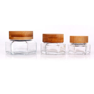 Wholesale 30ml 50ml 100ml Six-Sided Glass Bottle Hexagonal Cream Bottle Cosmetics Packaging Bamboo Lid Face Cream Container Glass Cream Jar with Bamboo Cap