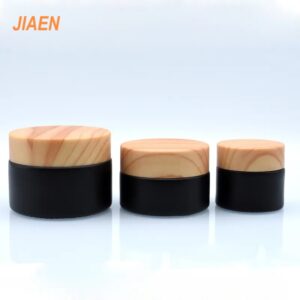 Matte Black and Wooden Lid Cosmetic Cream Glass Jar Containers