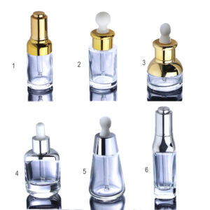 Wholesale New Design 1oz Square Glass Bottle Empty Essential Oil Press Dropper Bottle with Silver Gold Aluminum Shoulder